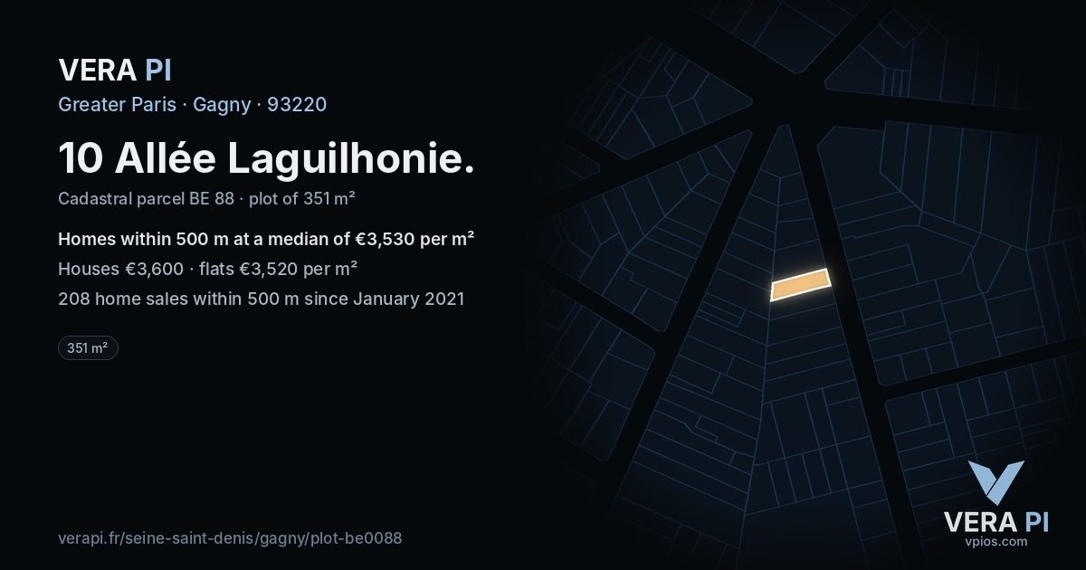10 Allée Laguilhonie, Gagny at night – the plot lit, the parcels around coloured by the prices near them