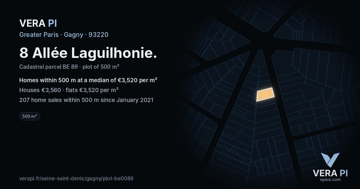 8 Allée Laguilhonie, Gagny at night – the plot lit, the parcels around coloured by the prices near them