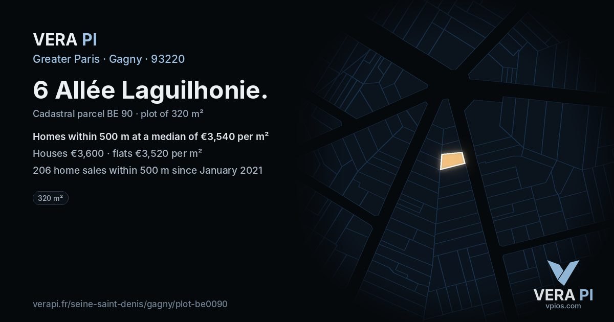6 Allée Laguilhonie, Gagny at night – the plot lit, the parcels around coloured by the prices near them