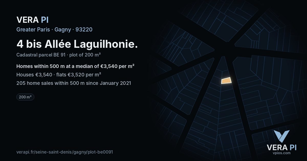 4 bis Allée Laguilhonie, Gagny at night – the plot lit, the parcels around coloured by the prices near them