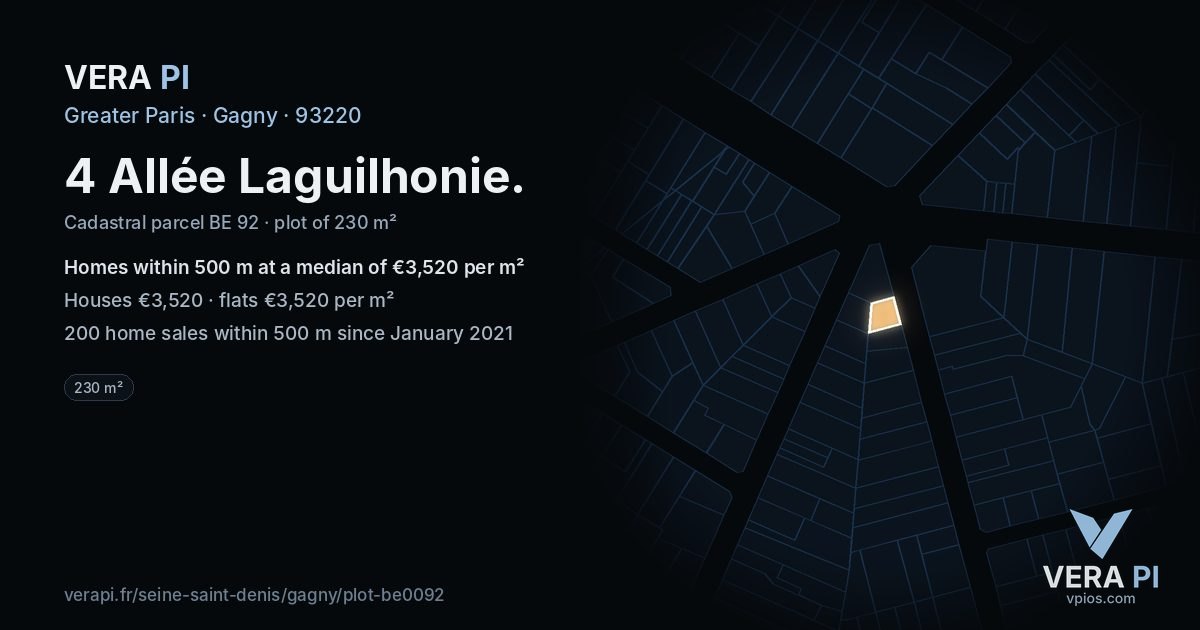 4 Allée Laguilhonie, Gagny at night – the plot lit, the parcels around coloured by the prices near them