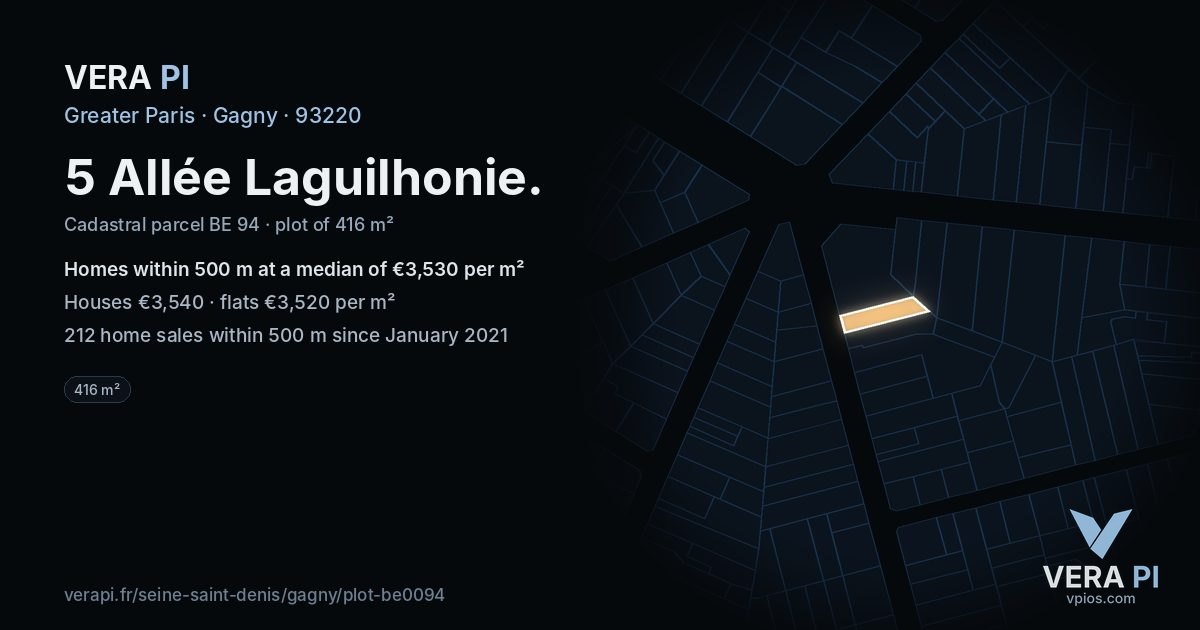 5 Allée Laguilhonie, Gagny at night – the plot lit, the parcels around coloured by the prices near them