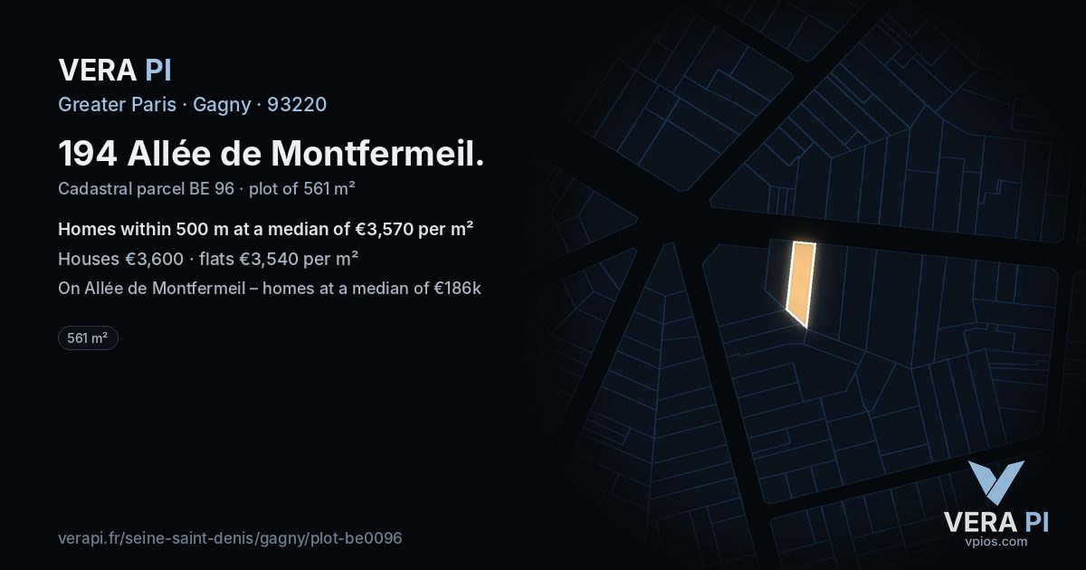 194 Allée de Montfermeil, Gagny at night – the plot lit, the parcels around coloured by the prices near them