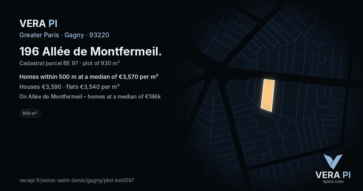 196 Allée de Montfermeil, Gagny at night – the plot lit, the parcels around coloured by the prices near them