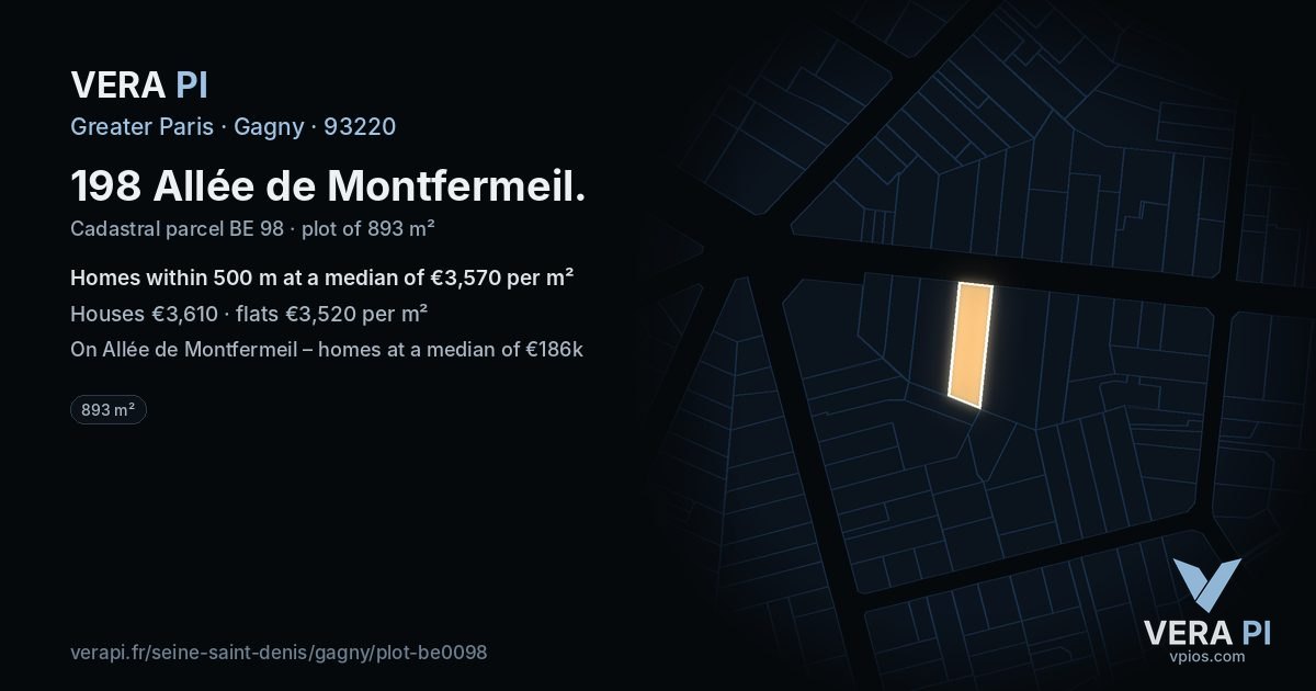 198 Allée de Montfermeil, Gagny at night – the plot lit, the parcels around coloured by the prices near them