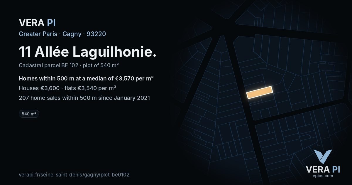 11 Allée Laguilhonie, Gagny at night – the plot lit, the parcels around coloured by the prices near them