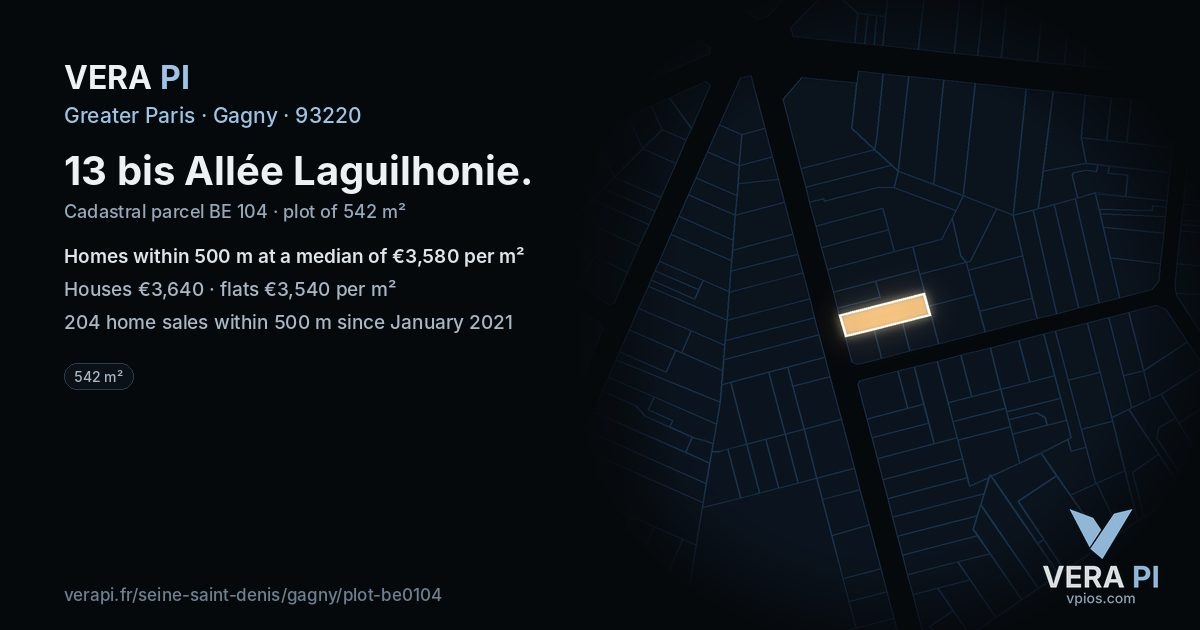 13 bis Allée Laguilhonie, Gagny at night – the plot lit, the parcels around coloured by the prices near them