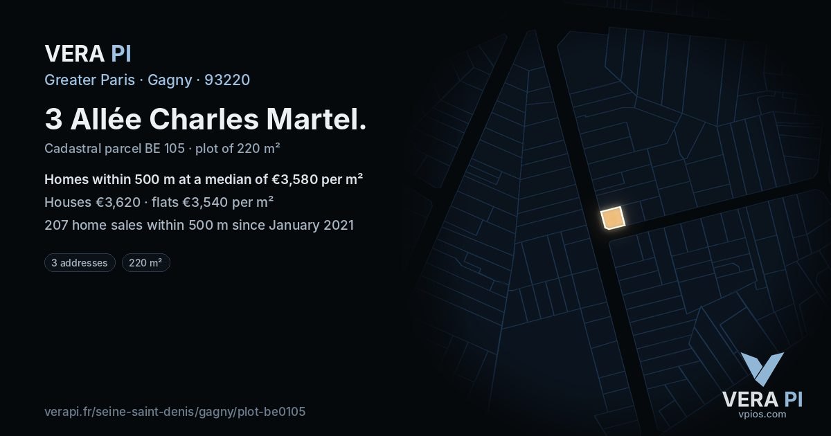 3 Allée Charles Martel, Gagny at night – the plot lit, the parcels around coloured by the prices near them