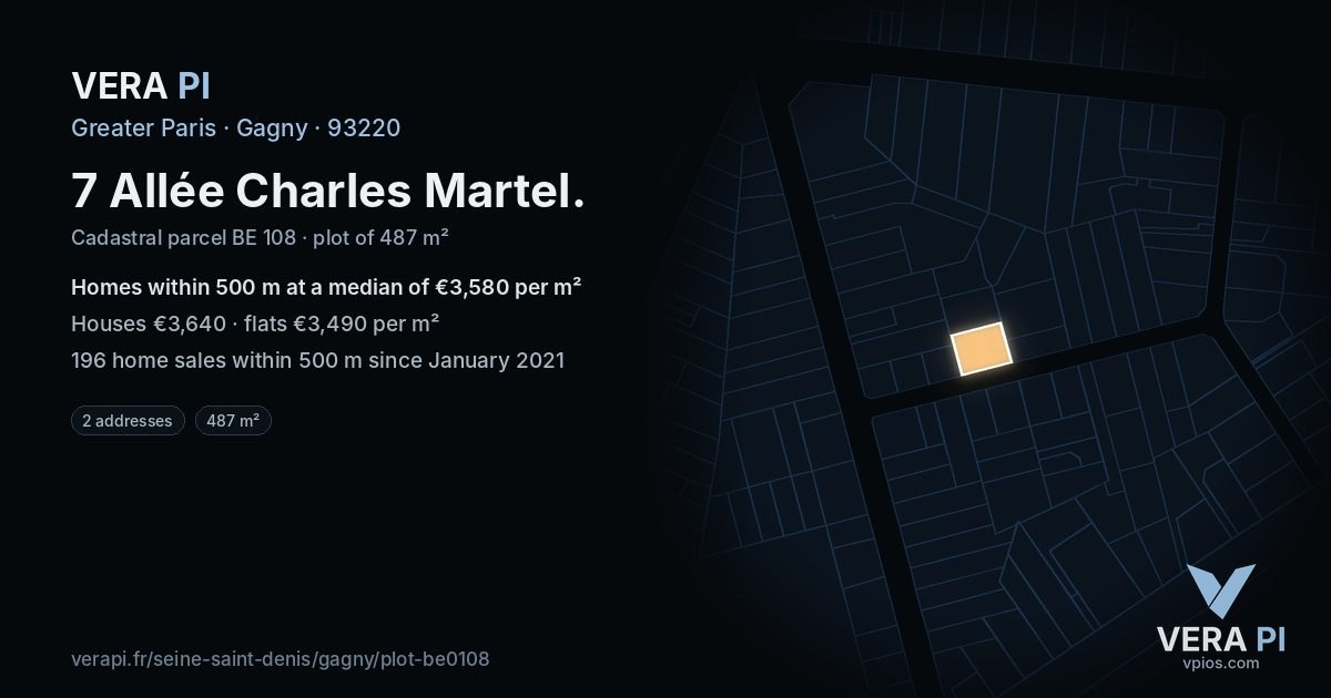 7 Allée Charles Martel, Gagny at night – the plot lit, the parcels around coloured by the prices near them