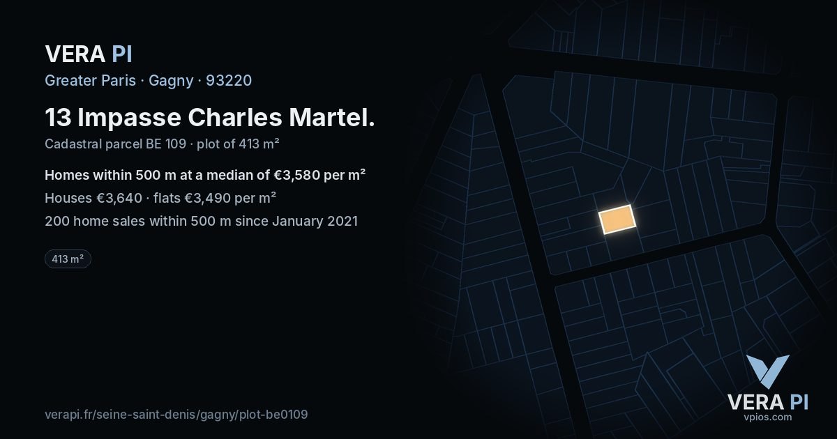 13 Impasse Charles Martel, Gagny at night – the plot lit, the parcels around coloured by the prices near them