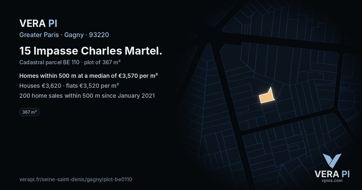 15 Impasse Charles Martel, Gagny at night – the plot lit, the parcels around coloured by the prices near them