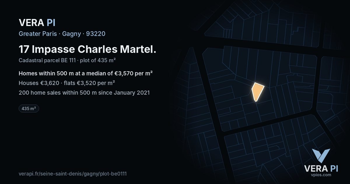 17 Impasse Charles Martel, Gagny at night – the plot lit, the parcels around coloured by the prices near them