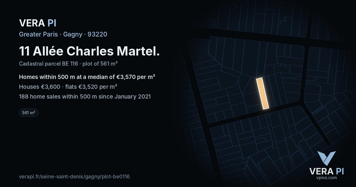 11 Allée Charles Martel, Gagny at night – the plot lit, the parcels around coloured by the prices near them