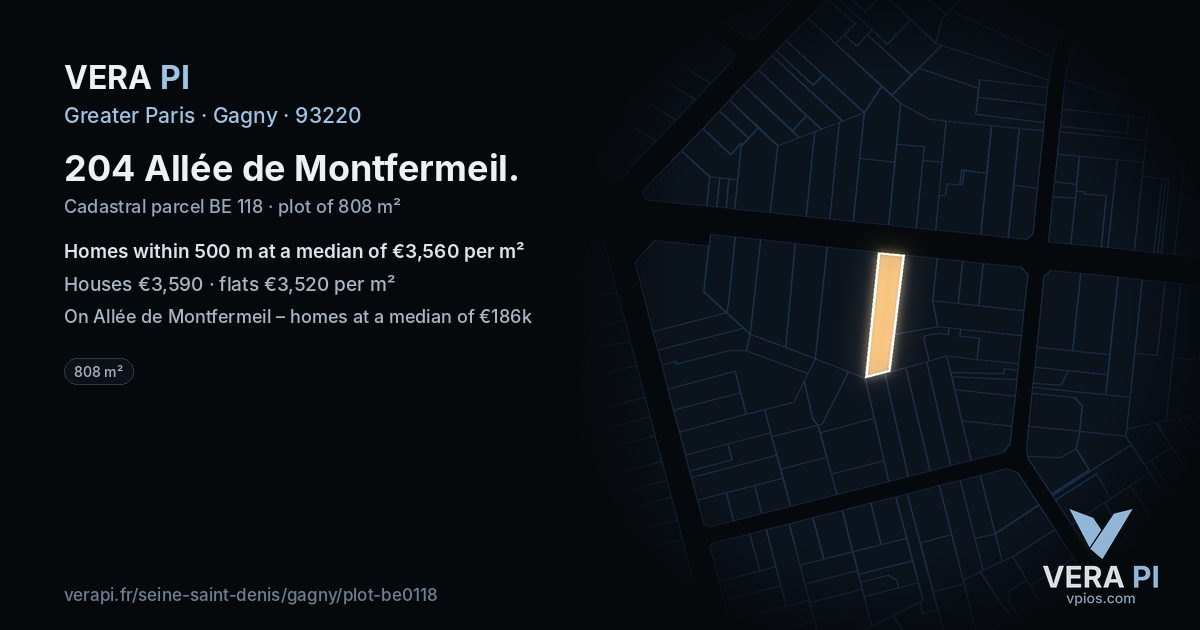 204 Allée de Montfermeil, Gagny at night – the plot lit, the parcels around coloured by the prices near them