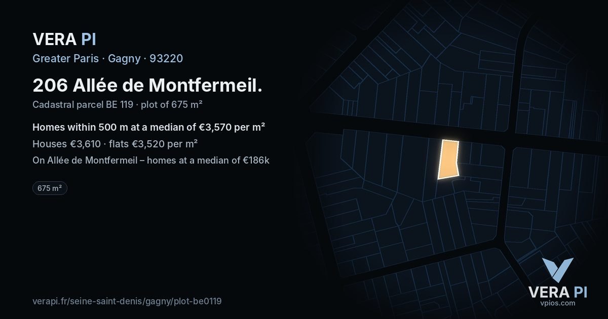 206 Allée de Montfermeil, Gagny at night – the plot lit, the parcels around coloured by the prices near them
