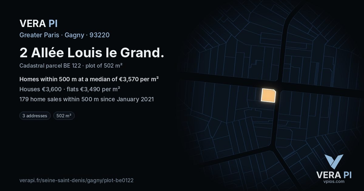 2 Allée Louis le Grand, Gagny at night – the plot lit, the parcels around coloured by the prices near them