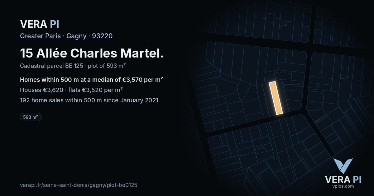 15 Allée Charles Martel, Gagny at night – the plot lit, the parcels around coloured by the prices near them