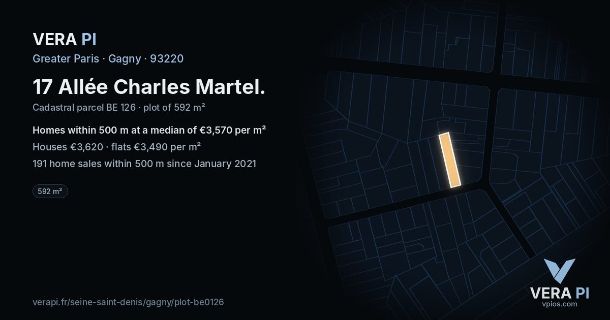 17 Allée Charles Martel, Gagny at night – the plot lit, the parcels around coloured by the prices near them