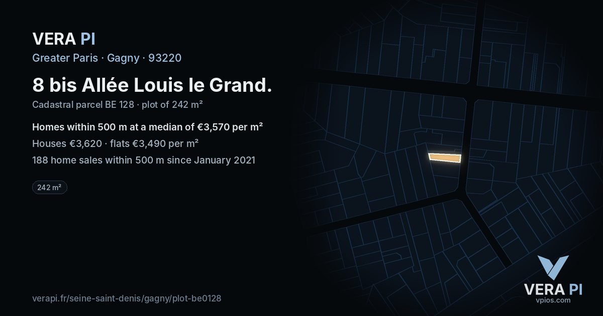 8 bis Allée Louis le Grand, Gagny at night – the plot lit, the parcels around coloured by the prices near them