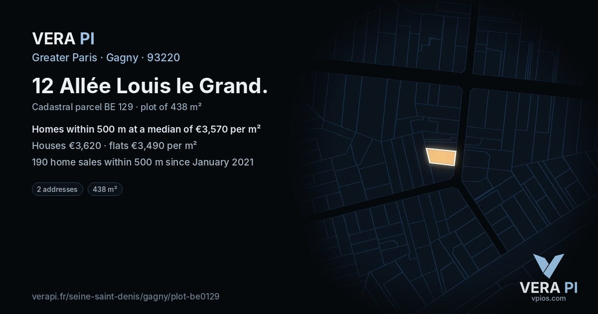 12 Allée Louis le Grand, Gagny at night – the plot lit, the parcels around coloured by the prices near them