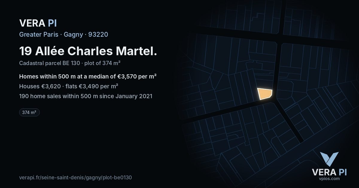 19 Allée Charles Martel, Gagny at night – the plot lit, the parcels around coloured by the prices near them