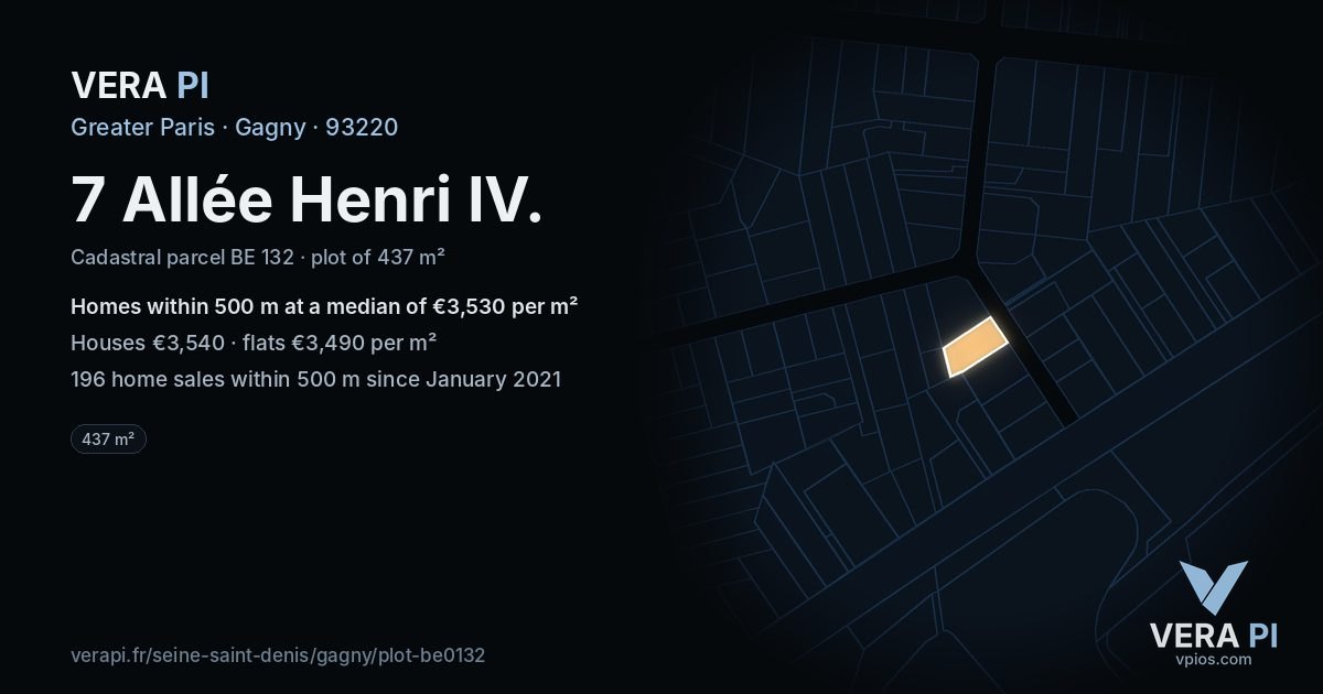 7 Allée Henri IV, Gagny at night – the plot lit, the parcels around coloured by the prices near them