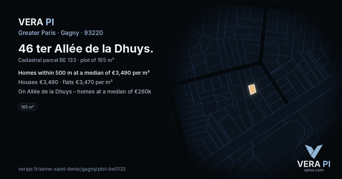 46 ter Allée de la Dhuys, Gagny at night – the plot lit, the parcels around coloured by the prices near them