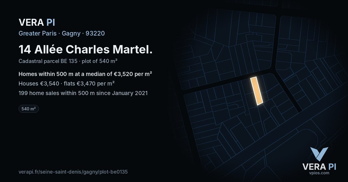 14 Allée Charles Martel, Gagny at night – the plot lit, the parcels around coloured by the prices near them