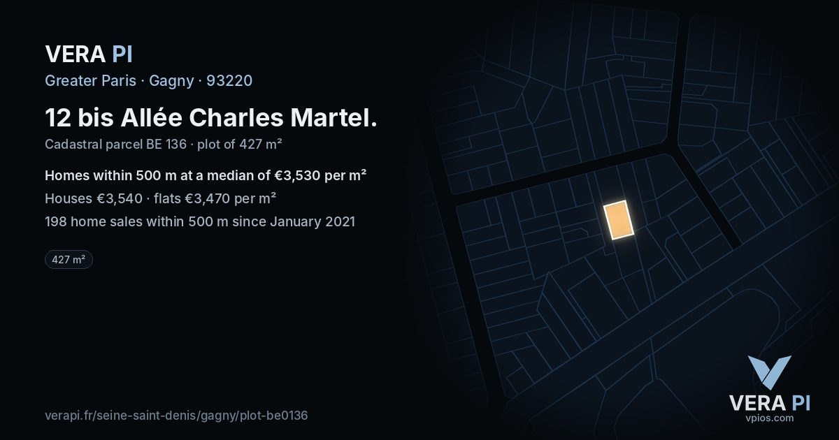 12 bis Allée Charles Martel, Gagny at night – the plot lit, the parcels around coloured by the prices near them