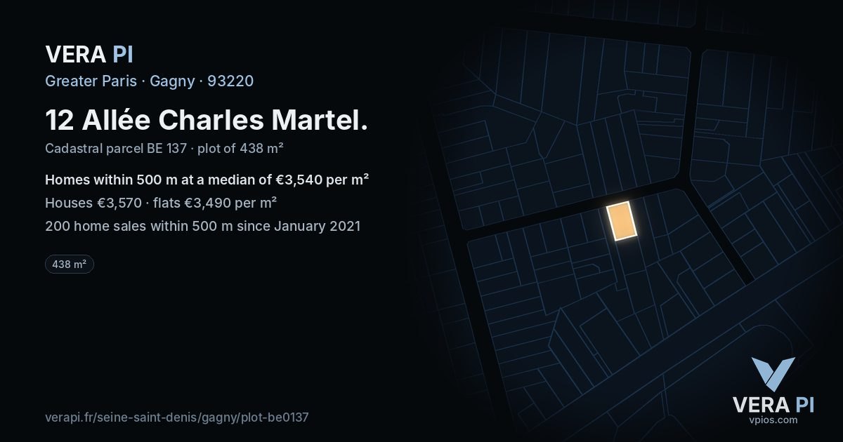12 Allée Charles Martel, Gagny at night – the plot lit, the parcels around coloured by the prices near them