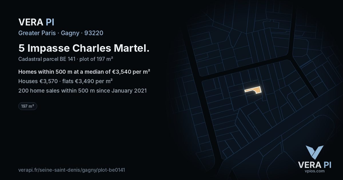 5 Impasse Charles Martel, Gagny at night – the plot lit, the parcels around coloured by the prices near them