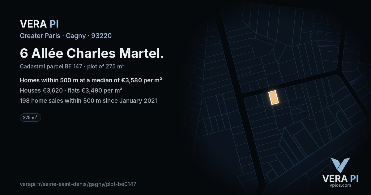 6 Allée Charles Martel, Gagny at night – the plot lit, the parcels around coloured by the prices near them