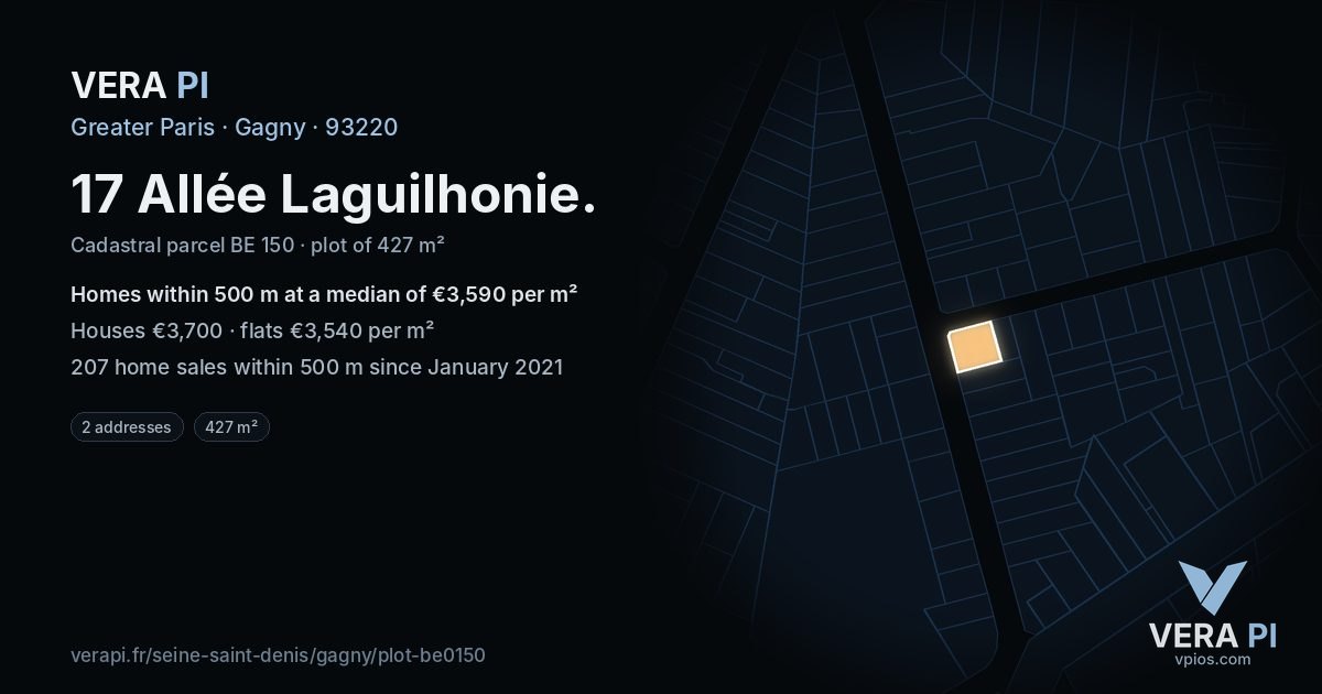 17 Allée Laguilhonie, Gagny at night – the plot lit, the parcels around coloured by the prices near them