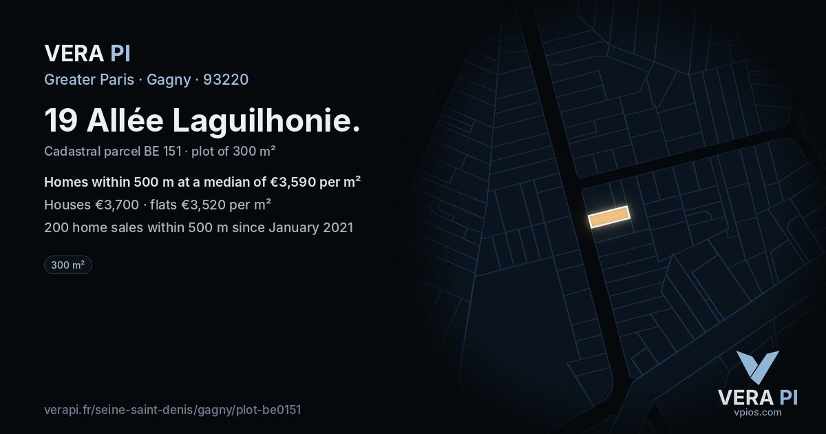 19 Allée Laguilhonie, Gagny at night – the plot lit, the parcels around coloured by the prices near them