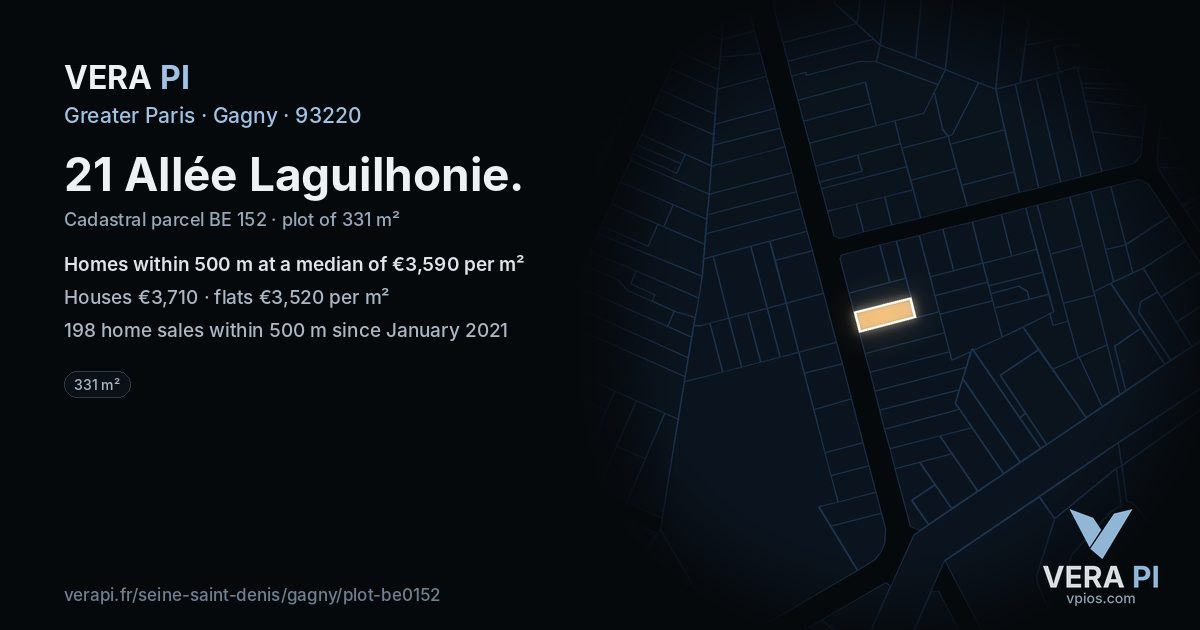 21 Allée Laguilhonie, Gagny at night – the plot lit, the parcels around coloured by the prices near them