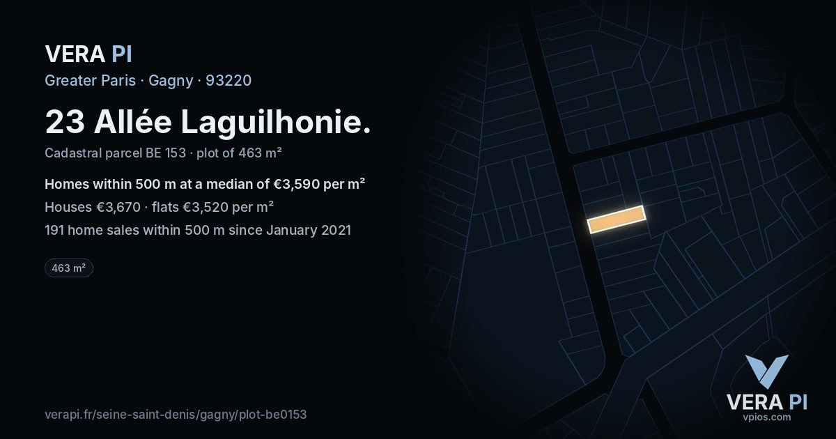 23 Allée Laguilhonie, Gagny at night – the plot lit, the parcels around coloured by the prices near them