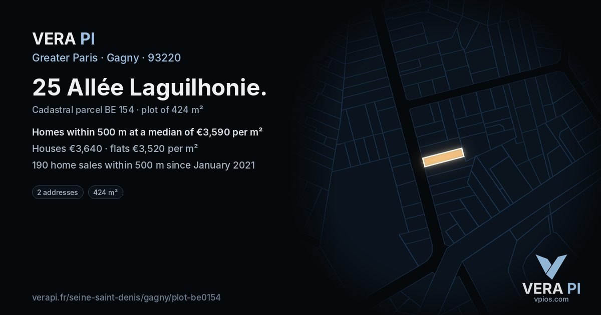 25 Allée Laguilhonie, Gagny at night – the plot lit, the parcels around coloured by the prices near them