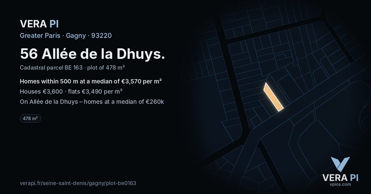 56 Allée de la Dhuys, Gagny at night – the plot lit, the parcels around coloured by the prices near them