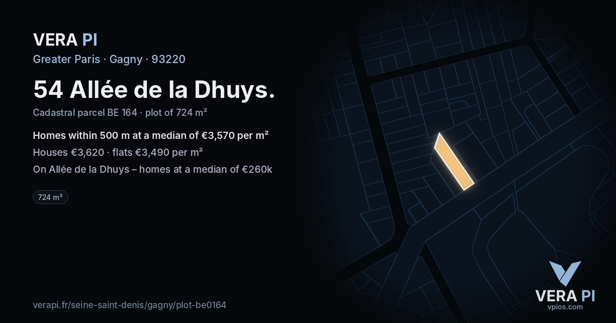 54 Allée de la Dhuys, Gagny at night – the plot lit, the parcels around coloured by the prices near them
