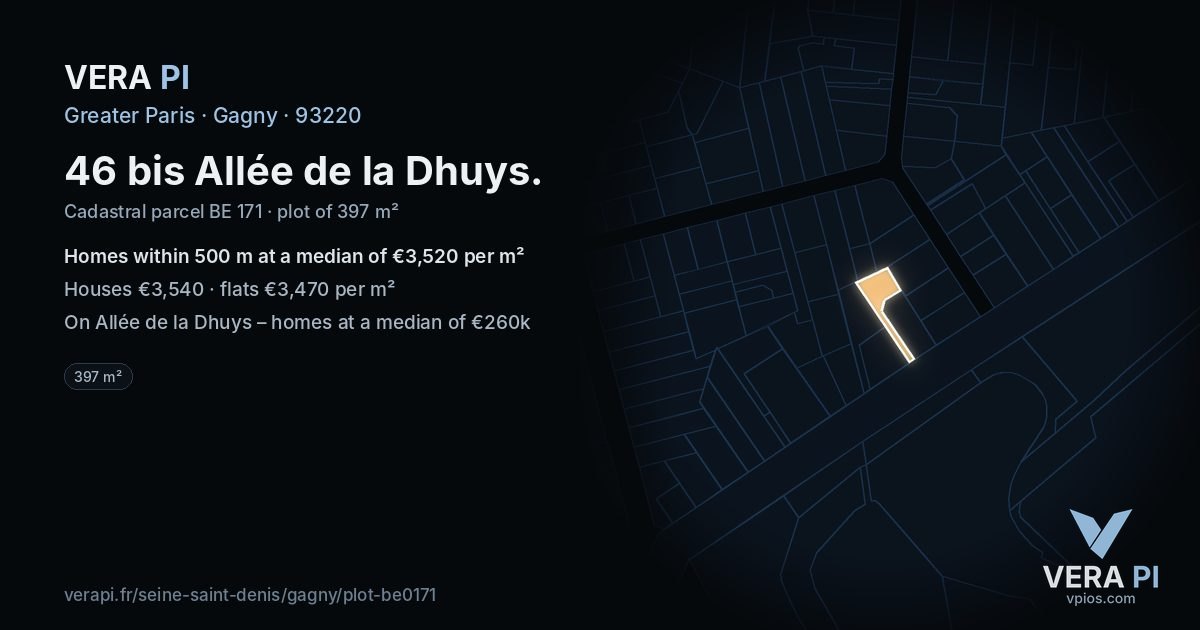 46 bis Allée de la Dhuys, Gagny at night – the plot lit, the parcels around coloured by the prices near them