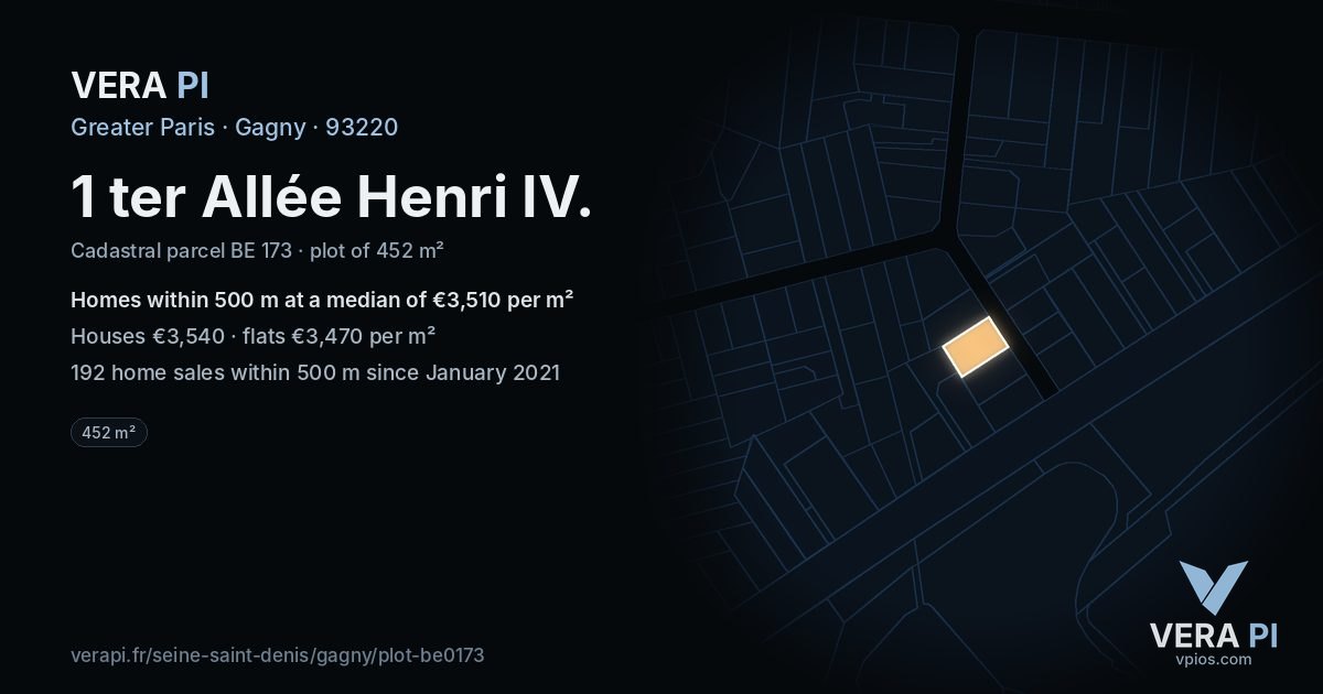 1 ter Allée Henri IV, Gagny at night – the plot lit, the parcels around coloured by the prices near them