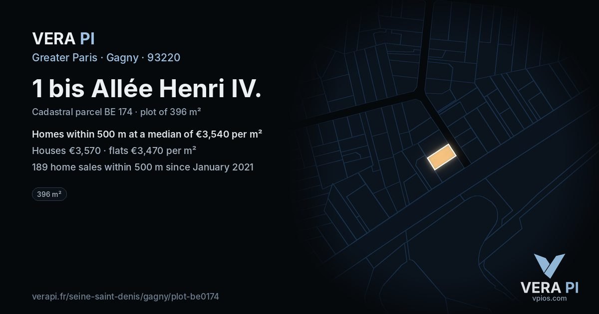 1 bis Allée Henri IV, Gagny at night – the plot lit, the parcels around coloured by the prices near them