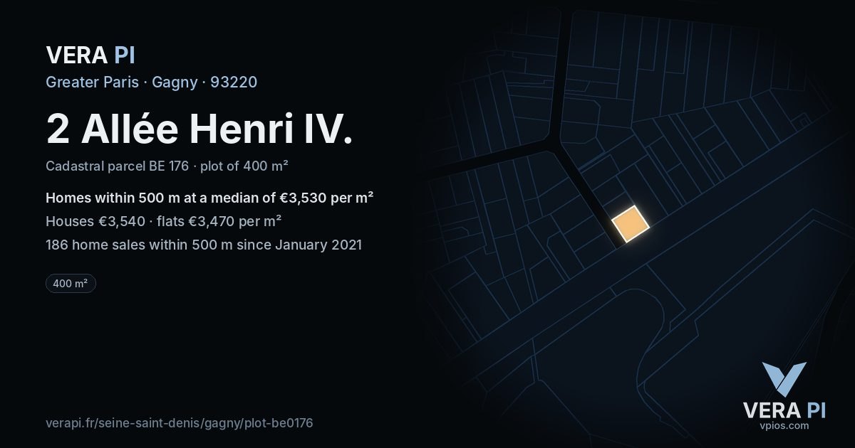 2 Allée Henri IV, Gagny at night – the plot lit, the parcels around coloured by the prices near them