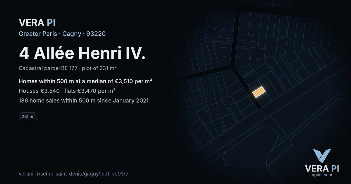 4 Allée Henri IV, Gagny at night – the plot lit, the parcels around coloured by the prices near them