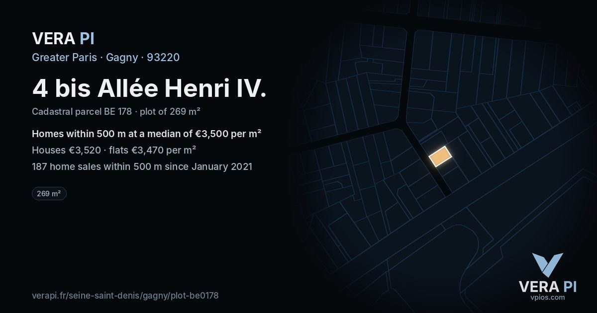 4 bis Allée Henri IV, Gagny at night – the plot lit, the parcels around coloured by the prices near them