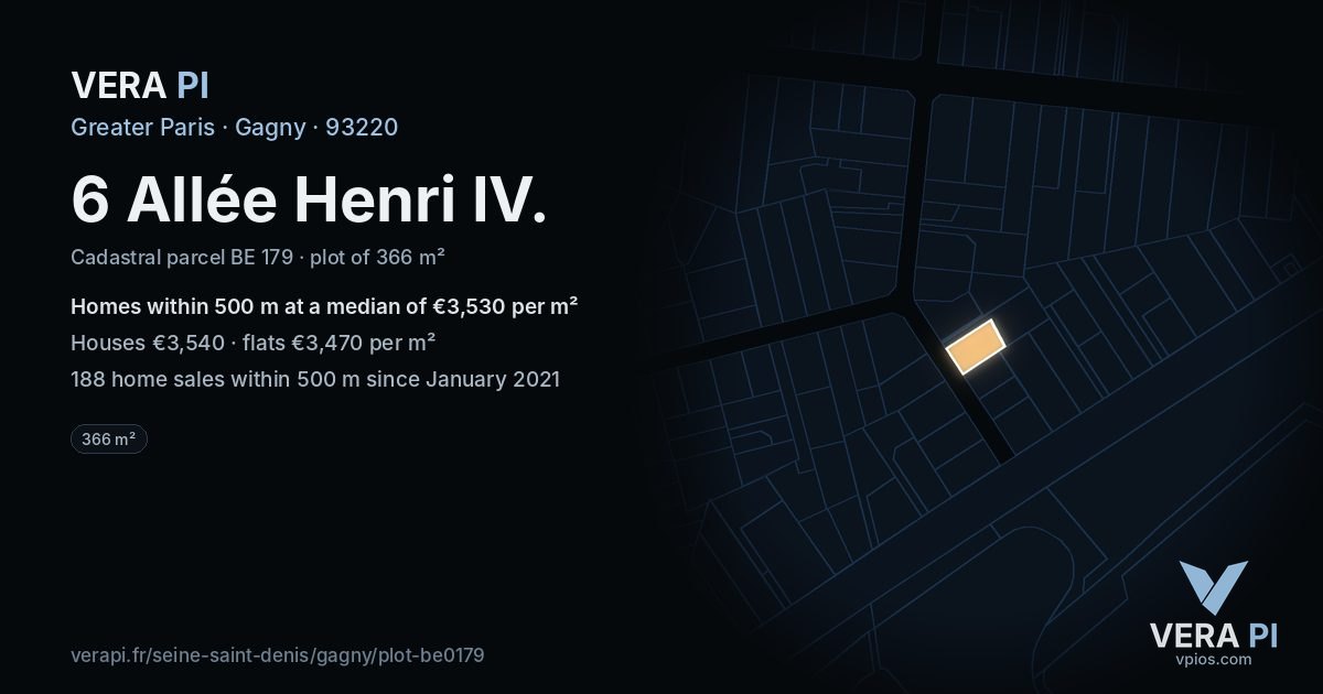 6 Allée Henri IV, Gagny at night – the plot lit, the parcels around coloured by the prices near them