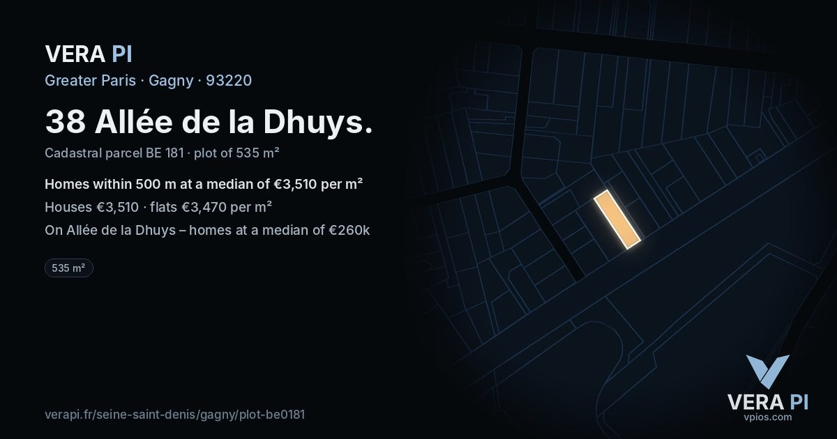 38 Allée de la Dhuys, Gagny at night – the plot lit, the parcels around coloured by the prices near them