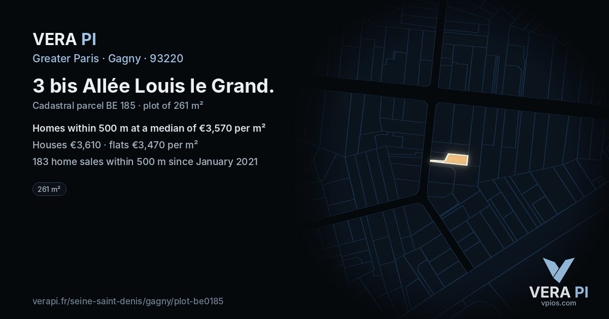 3 bis Allée Louis le Grand, Gagny at night – the plot lit, the parcels around coloured by the prices near them