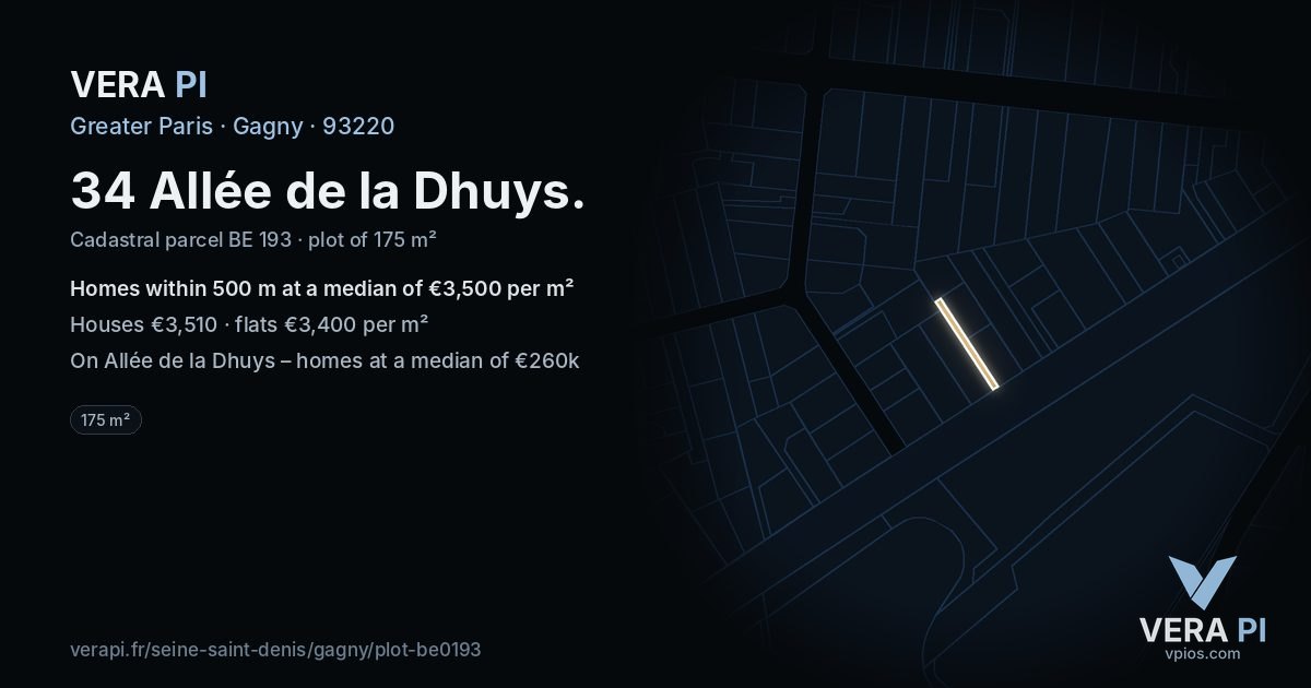 34 Allée de la Dhuys, Gagny at night – the plot lit, the parcels around coloured by the prices near them