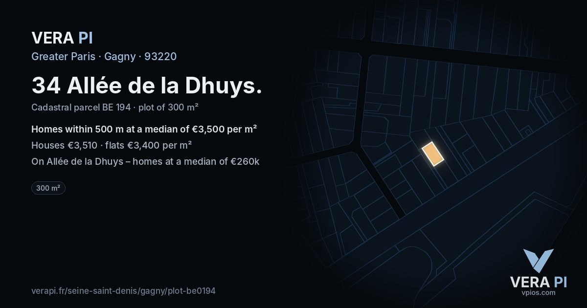 34 Allée de la Dhuys, Gagny at night – the plot lit, the parcels around coloured by the prices near them